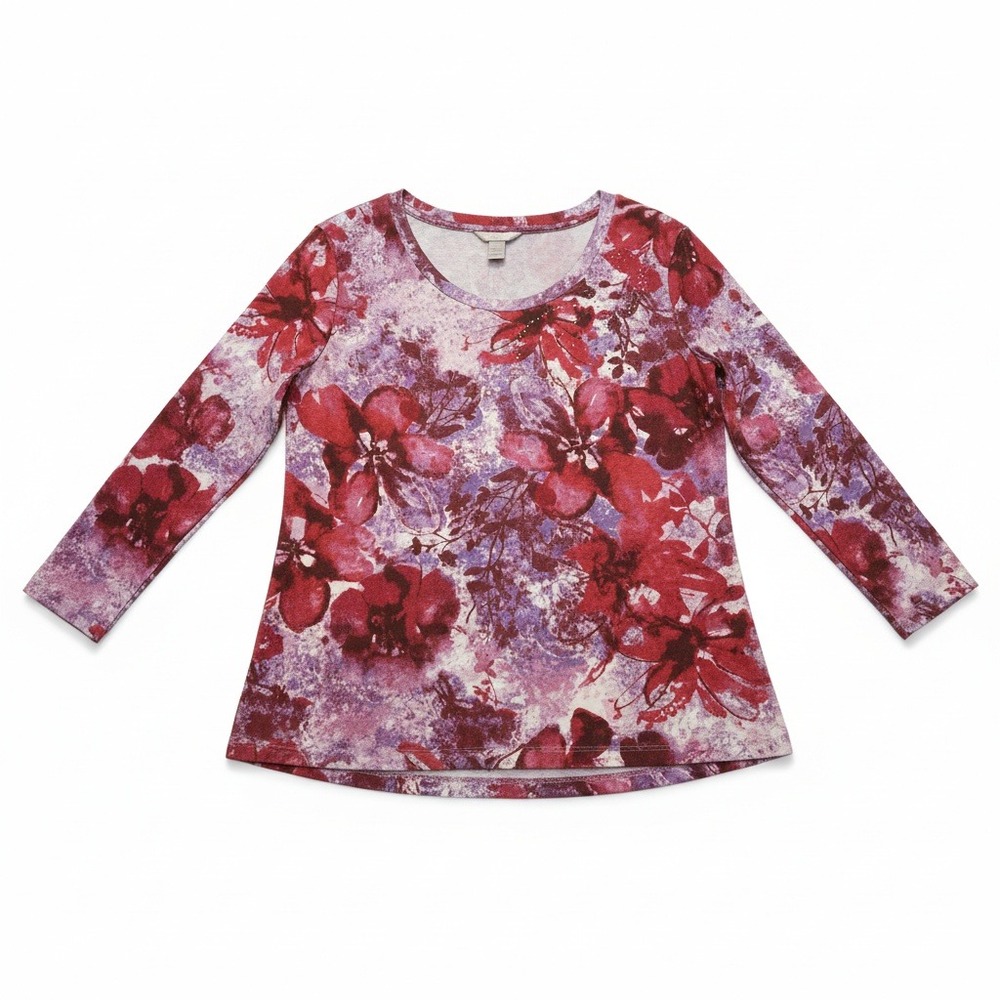 White Stag Womens Floral Rhinestone Long Sleeve Top Pink Combo WL31122 L 12-14